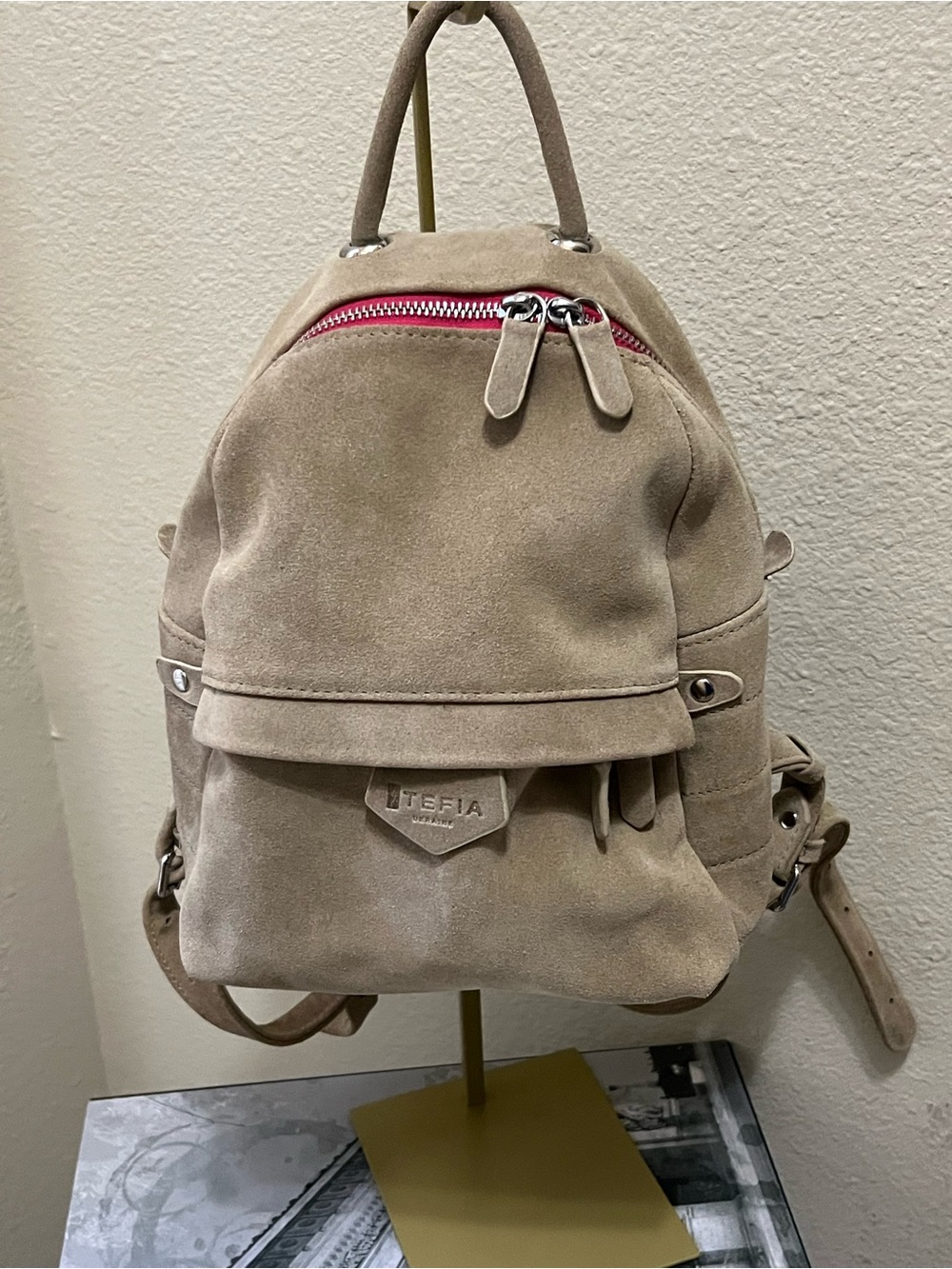 Suede Mini Backpack Tote in Taupe